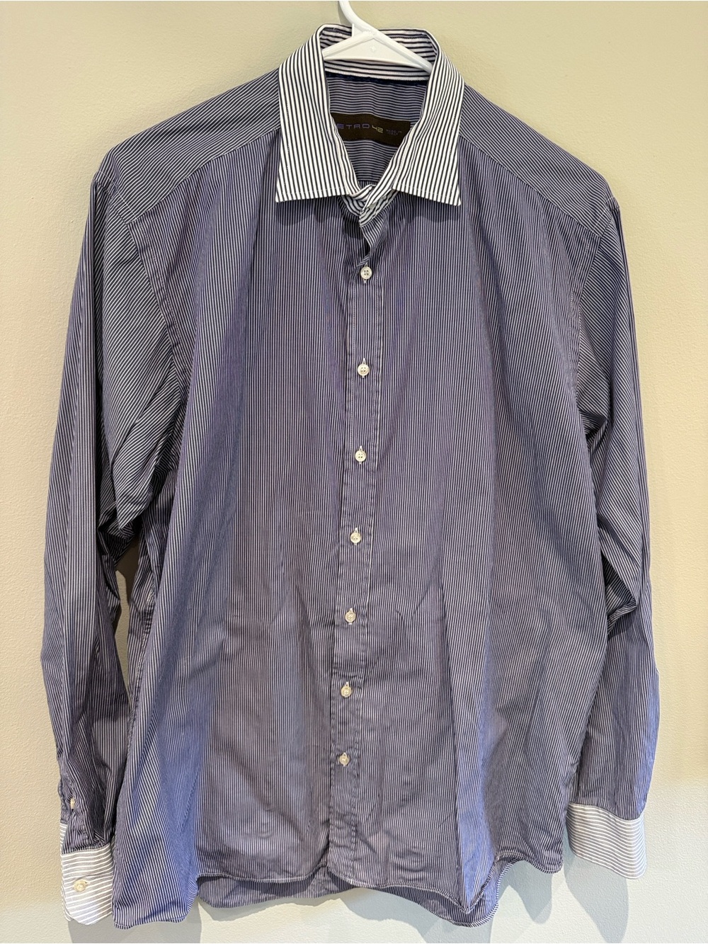 Etro Blue Pinstripe Dress Shirt with White Contrast Collar